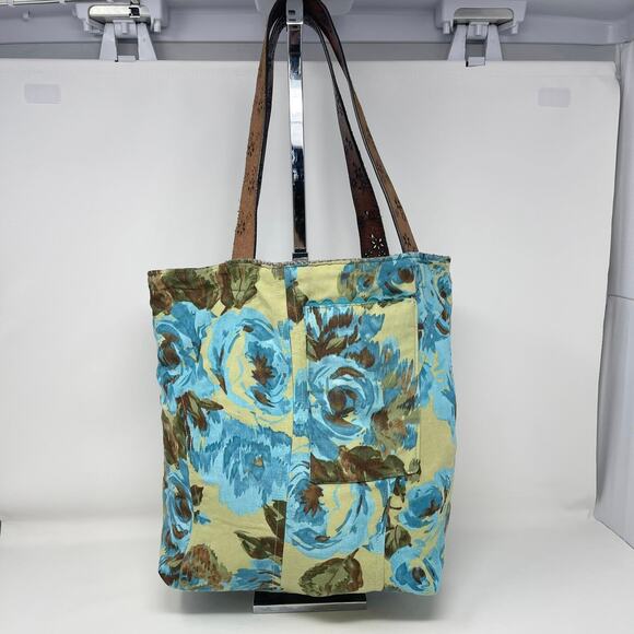 Y2K Handmade Reversible Tote Bag Brown Tweed Blue Flowers Buttons Leather Belt - Picture 13 of 14
